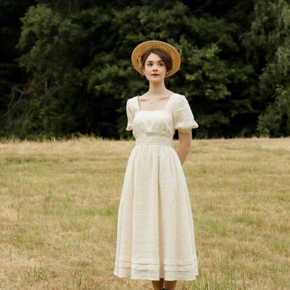 Gaala Dresses & Skirts - Gaâla Paris Alicia Linen Dress - Cottagecore Vintage White Midi Dress
